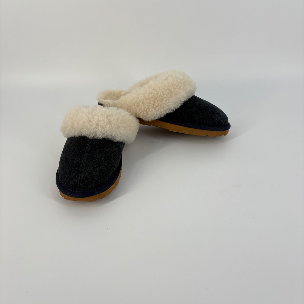 The Vermont Country Store Suede Shearling Slippers Women 7 Black Scuff Slip-On